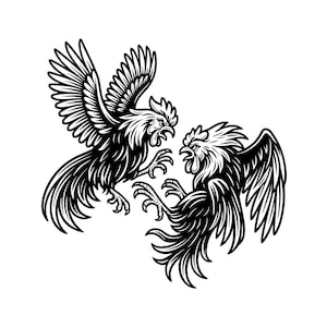 May include: A black and white graphic illustration featuring two roosters in a dynamic confrontation. Both birds are depicted with wings spread, sharp talons extended, and beaks open, showcasing detailed feather textures and bold, high-contrast lines.