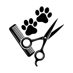 May include: A black graphic illustration featuring a pair of grooming scissors positioned diagonally across a hair comb, accompanied by two paw prints arranged above the tools. The design uses solid black shapes on a plain white background.