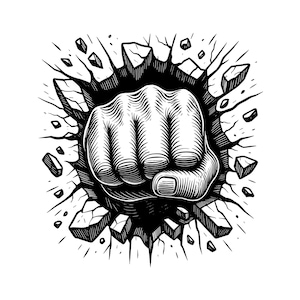 May include: A black and white graphic illustration of a clenched fist breaking through a solid surface. The design features bold lines and cross-hatching to create depth, showing debris and cracks radiating outward from the point of impact.