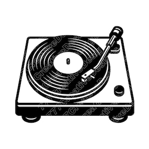 May include: Black and white illustration of a turntable. The record player has a square base with rounded corners, a circular record, and a tonearm. The design is a simple, graphic representation of a classic record player.