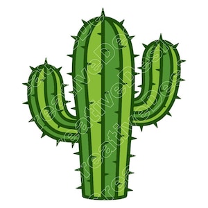 Puede incluir: Ilustración estilizada de un cactus verde con múltiples brazos y espinas afiladas. El cactus es de color verde vibrante con rayas verticales verde oscuro. La imagen está sobre un fondo blanco.