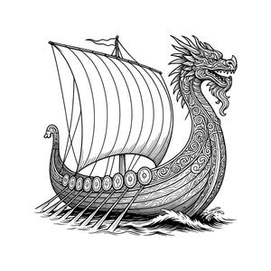 May include: A black and white line art illustration of a Viking longship featuring a dragon head prow, a large square sail, and a row of circular shields along the side. The ship is depicted moving through stylized waves with oars extended.