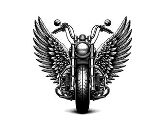 May include: A black and white graphic illustration of a motorcycle viewed from the front. The motorcycle features a prominent central headlight, handlebars, and a large tire. Two detailed, feathered wings extend outward from the sides.