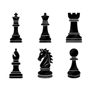 Op de afbeelding: Zwarte schaakstukken, waaronder een koning, dame, toren, loper, paard en pion, worden getoond tegen een witte achtergrond. De stukken zijn als silhouet weergegeven, waarbij hun unieke vormen worden benadrukt.