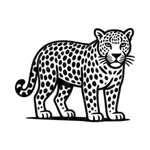 Puede incluir: Ilustración en blanco y negro de un leopardo de pie, mirando hacia adelante. El leopardo tiene un pelaje manchado, una cola larga y rasgos faciales detallados. La imagen es un diseño gráfico, adecuado para diversas aplicaciones.