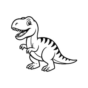 Op de afbeelding: Een zwart-witte lijntekening van een Tyrannosaurus Rex dinosaurus. De dinosaurus is afgebeeld in zijaanzicht met een open bek die tanden laat zien, en heeft donkere strepen langs de rug en de staart in een eenvoudige grafische stijl.