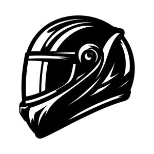 Könnte beinhalten: Eine schwarz-weiße grafische Illustration eines Integral-Motorradhelms. Das Design zeichnet sich durch kräftige, kontrastreiche Linien und Schattierungen aus, die das Visier, den Kinnschutz und die abgerundete Schalenform definieren.
