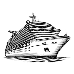 May include: A detailed black and white illustration of a cruise ship. The image shows the ship from a side perspective, highlighting its decks, windows, and funnels. The artwork uses fine lines to create shadows and depth, evoking a nautical aesthetic.