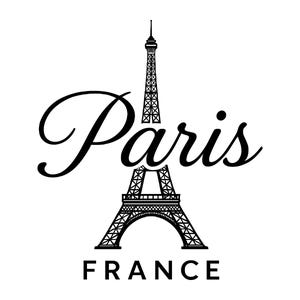 May include: A black and white graphic illustration featuring the Eiffel Tower centered behind the word Paris written in a cursive script font, with the word FRANCE printed in a bold, capitalized sans-serif typeface positioned below the tower.
