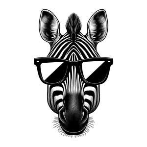 Op de afbeelding: Een zwart-witte grafische illustratie van een zebrahoofd dat naar voren kijkt. De zebra heeft gedetailleerde streeppatronen en draagt een grote, zwartgerande zonnebril die de ogen bedekt. Het kunstwerk maakt gebruik van contrastrijk lijnwerk.
