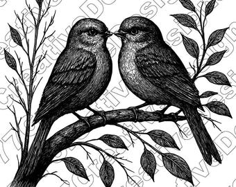 Love Birds Vector Illustration, Love Birds Svg, Birds Png, Love Birds Art, Love Birds Silhouette, Romantic Love Birds, Love Birds On Branch