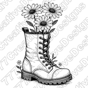 May include: Black and white illustration of a combat boot with daisies growing out of it. The boot is laced up and has a thick sole. Small flowers and leaves are also growing around the boot.