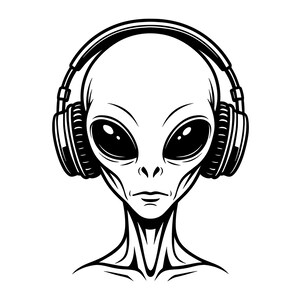May include: A black and white graphic illustration of an alien head wearing over-ear headphones. The alien features large, dark, oval-shaped eyes, a small nose, and a thin mouth, rendered with bold lines and shading against a plain white background.