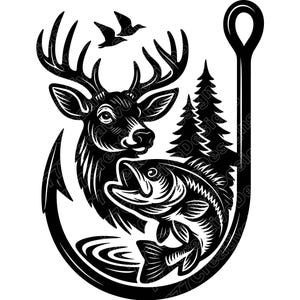 Puede incluir: Ilustración en blanco y negro que presenta un ciervo con cuernos, un pez y dos pájaros, todo dentro del contorno de un anzuelo. El diseño también incluye dos pinos. La imagen tiene un tema rústico y al aire libre.