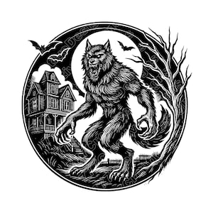 Puede incluir: Ilustración en blanco y negro de un hombre lobo con luna llena, murciélagos y una casa embrujada. El hombre lobo está de pie sobre sus patas traseras, con garras afiladas y una expresión enojada. Un diseño espeluznante para Halloween.