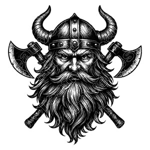 Ilustración vectorial de hacha vikinga, SVG vikingo, PNG vikingo, barba vikinga, arte nórdico, guerrero vikingo, silueta vikinga, hacha nórdica, hacha de batalla