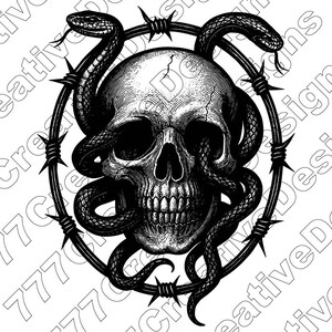 May include: A detailed black and white illustration of a human skull encircled by a barbed wire ring. Two snakes are entwined around the skull, adding a gothic and edgy aesthetic. The design is suitable for apparel or accessories.