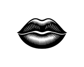 May include: A black and white graphic illustration of a pair of lips. The design features bold black shapes with fine white line detailing to create texture and depth, capturing the curves of the upper and lower lips in a stylized manner.