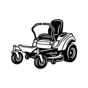 Può includere: Un'illustrazione grafica in bianco e nero di un tosaerba a raggio di sterzata zero. Il tosaerba presenta un sedile con schienale alto, due leve di comando dello sterzo, un ampio piatto di taglio, due ruote anteriori pivottanti e due ruote.