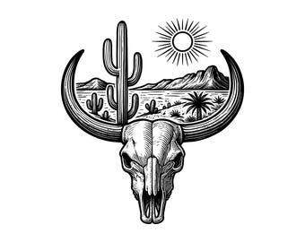 Western Cow Skull Desert Landscape Vector Illustration, Cow Skull SVG, Skull PNG, Skull JPG, Skull Clipart, Skull Silhouette, Western Skull