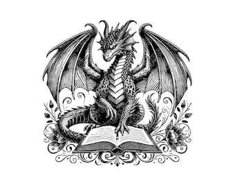 Boek lezen draak vectorillustratie, draak SVG, draak png, draak kunst, draak clipart, draak silhouet, lezende draak, slimme draak
