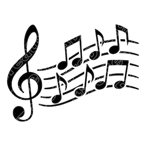 May include: Black and white illustration of musical notes and a treble clef on a staff. The musical notes are in various shapes and sizes, with curved lines and circular shapes. The treble clef is large and prominent.