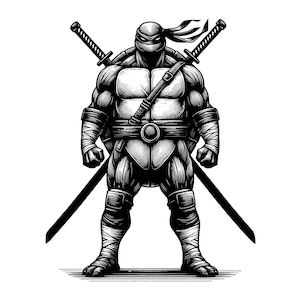May include: A black and white ink-style illustration of a muscular anthropomorphic turtle character wearing a mask and arm wraps. The character stands in a firm pose with two long swords crossed behind its back and a belt around its waist.