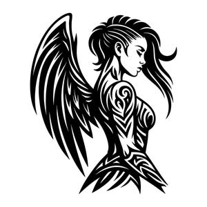 May include: A black and white graphic illustration of a winged figure with long hair and intricate tribal-style patterns covering the arms and torso. The figure is shown in profile with large, detailed wings extending from the back.