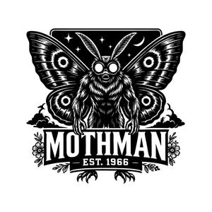 May include: A black and white graphic illustration of a winged creature with large eyes and antennae. The text MOTHMAN EST. 1966 is centered below the figure, flanked by small floral accents. The background features stars and a crescent moon.