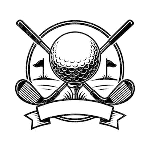Può includere: Emblema di golf in bianco e nero con palla, mazze incrociate e banner. Il design include una cornice circolare, due bandiere e dettagli d'erba, perfetto per gli appassionati di sport.