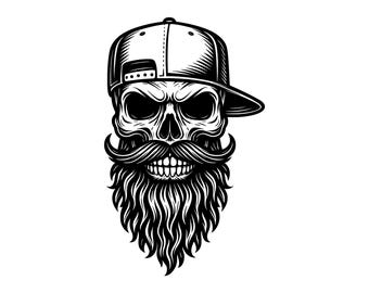 Bearded Skull Vector Illustration, Skull SVG, Skull PNG, JPG, Skull Art And Clipart, Skull Silhouette, Bearded Skull Design, Hipster Skull