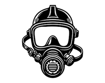 May include: A black and white graphic illustration of a full-face respirator mask. The design features a central visor, a prominent circular filter housing at the bottom, and adjustable side straps, rendered in a bold, high-contrast vector style.