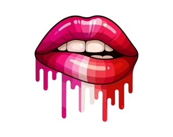 May include: A graphic illustration of lips biting the lower lip, featuring a vibrant color gradient from hot pink to red. The lower lip displays a horizontal striped pattern, and thick, glossy paint-like drips in pink, white, and red flow downward.