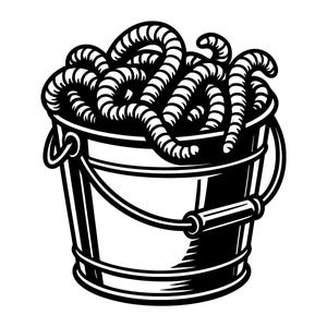May include: A black and white graphic illustration of a metal bucket filled with a cluster of segmented earthworms. The bucket features a prominent handle with a central grip, and the worms are depicted with thick, bold lines and high contrast.