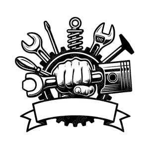 以下が含まれることがあります： 白黒のメカニックをテーマにしたイラスト。握りこぶしがレンチを持ち、ドライバー、ハンマー、スパナなどのさまざまなツールに囲まれています。歯車とバナーがデザインを完成させ、自動車関連製品に最適です。