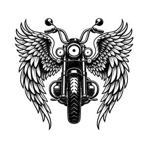 Motorfiets met vleugels vectorillustratie, fiets SVG, PNG, JPG, motorfiets kunst, fiets clipart, gevleugelde motorfiets, vliegende fiets, motorontwerper