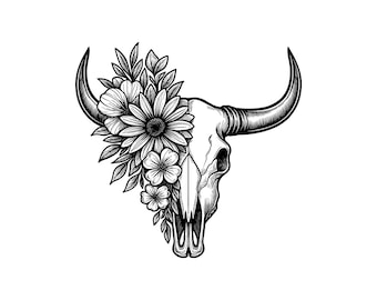 Floral Western Cow Skull Vector Illustration, Skull SVG, Skull PNG, JPG, Skull Art & Clipart, Skull Silhouette, Western Skull, Flower Skull
