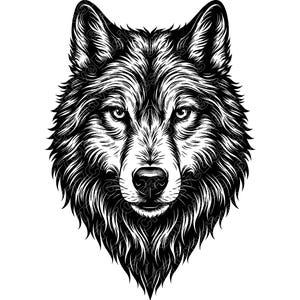 May include: A detailed black and white illustration of a wolf's head. The artwork features intricate linework, emphasising the fur texture and facial features. The wolf's eyes are focused, and the overall design is symmetrical.