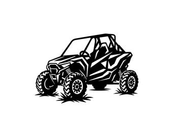May include: A black and white graphic illustration of an off-road utility task vehicle, or UTV, featuring a roll cage, large knobby tires, and angular body panels. The vehicle is depicted in a side profile view, resting on small patches of grass.