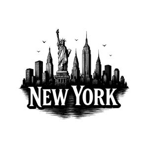 May include: A black and white graphic illustration of the New York City skyline featuring the Statue of Liberty prominently in the center, surrounded by various skyscrapers and birds in flight, with the text NEW YORK printed in a bold serif font.