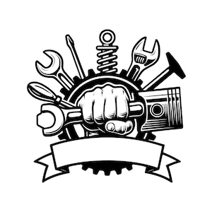 Pode incluir: Uma ilustração gráfica a preto e branco com um punho cerrado a segurar uma chave inglesa, centrado à frente de uma engrenagem. Os elementos circundantes incluem uma chave de fendas, uma mola, uma segunda chave e um pistão. Por baixo, encontra-se uma faixa vazia.