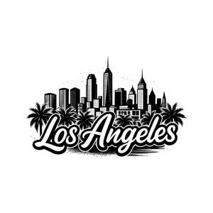 May include: A black and white graphic illustration featuring the Los Angeles skyline with various skyscrapers and buildings. In the foreground, the text Los Angeles is written in a bold, cursive script font, framed by several palm tree silhouettes.