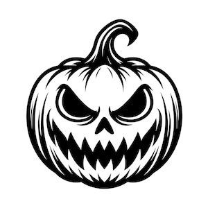 May include: A black and white graphic illustration of a jack-o'-lantern pumpkin. The pumpkin features a menacing facial expression with sharp, triangular eyes and a wide, jagged mouth filled with pointed teeth, topped with a curved stem.