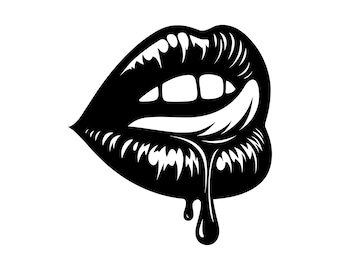 May include: A high-contrast black and white graphic illustration of a pair of lips. The design features a tongue licking the upper lip with a thick, viscous liquid dripping from the center of the lower lip, creating a bold, stylized effect.