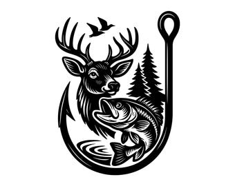 Deer Duck Fish Hook Vector Illustration, Deer SVG, Deer PNG, JPG, Hunting Art And Clipart, Hunting Silhouette, Fishing Hook, Wild Duck Deer