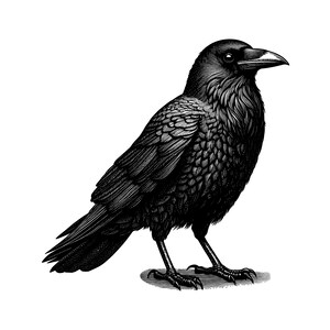 May include: A detailed black and white illustration of a raven standing in profile. The bird features intricate feather textures, a sharp beak, and focused eyes, rendered with fine lines to create depth and contrast against a plain background.