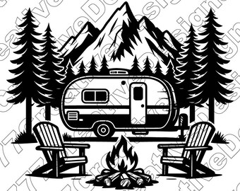 Camping In Woodland Mountain Vector Illustration, Camping Svg, Camping Png, Camping Art, Camp Clipart, Camping Silhouette, Mountain Camping