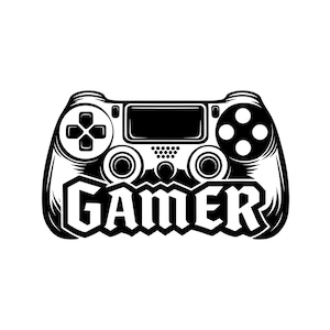 May include: A black and white graphic illustration of a video game controller featuring a directional pad, action buttons, two analogue sticks, and a central touchpad. The word GAMER is printed in bold, stylised capital letters across the bottom.