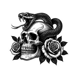 May include: A black and white illustration featuring a human skull with a coiled snake wrapped around the top, its mouth open with visible fangs. Two detailed roses with leaves are positioned on either side of the base of the skull.