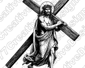 Jesus Carrying Cross Vector Illustration, Svg, Jpg, Png, Jesus Art, T-Shirt Design, Sublimation, Jesus Clipart, Cut Files, Jesus Silhouette